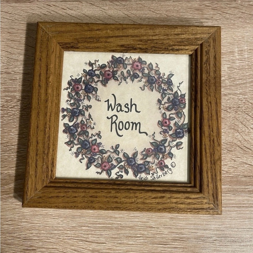 Vintage cottage core Wash Room Floral art in Oak Frame